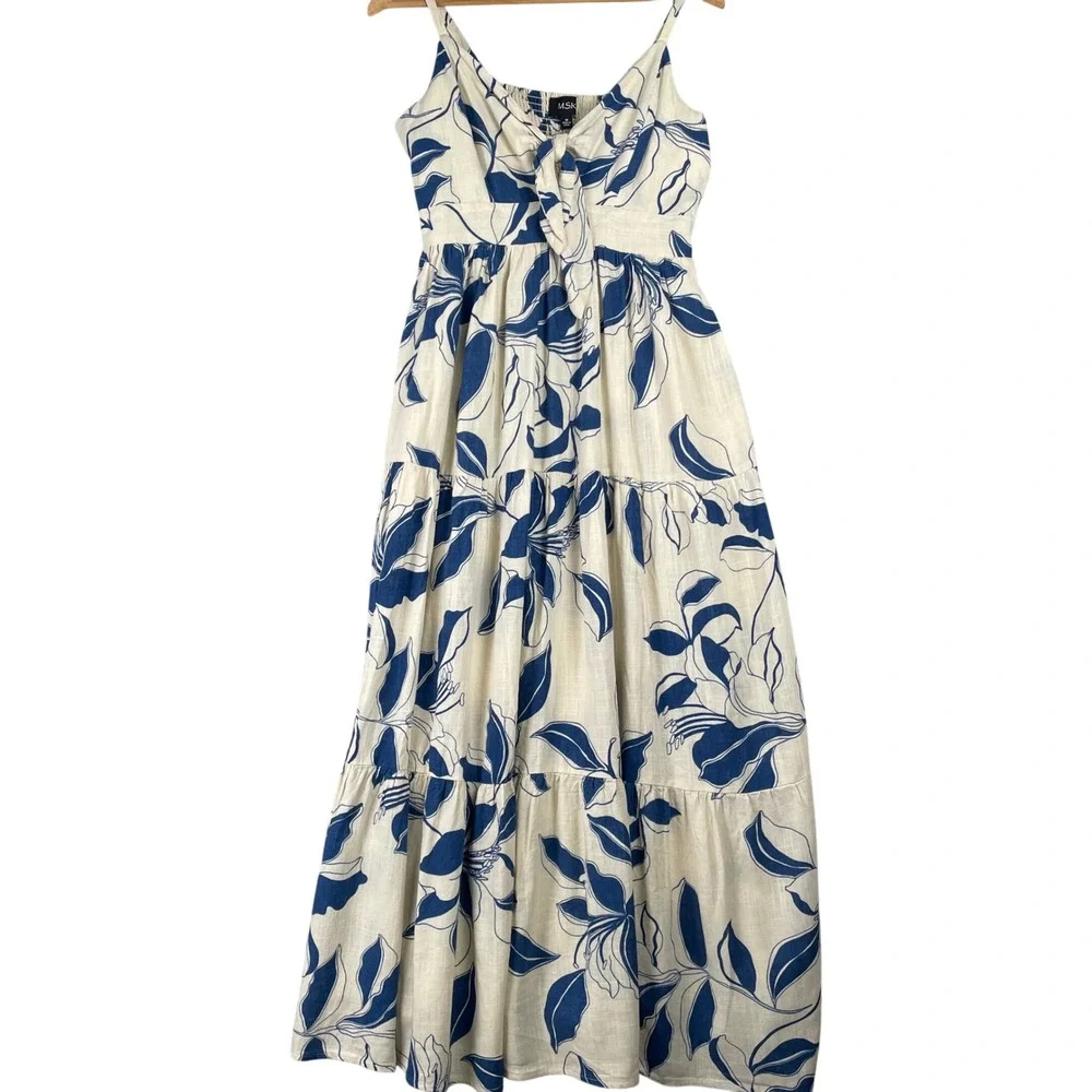 MSK Blue Tropical Leaf Print Tiered Maxi Dress Linen Blend Tie Front Pockets M - Picture 2 of 9